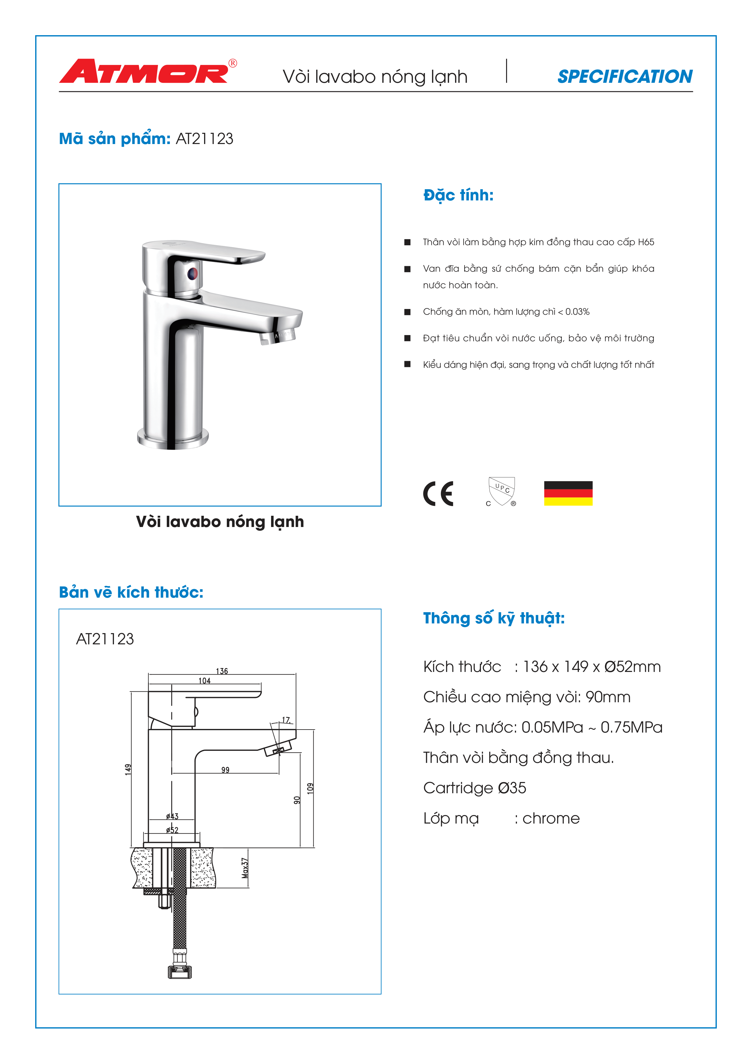 Bộ vòi lavabo nóng lạnh ATMOR AT21123