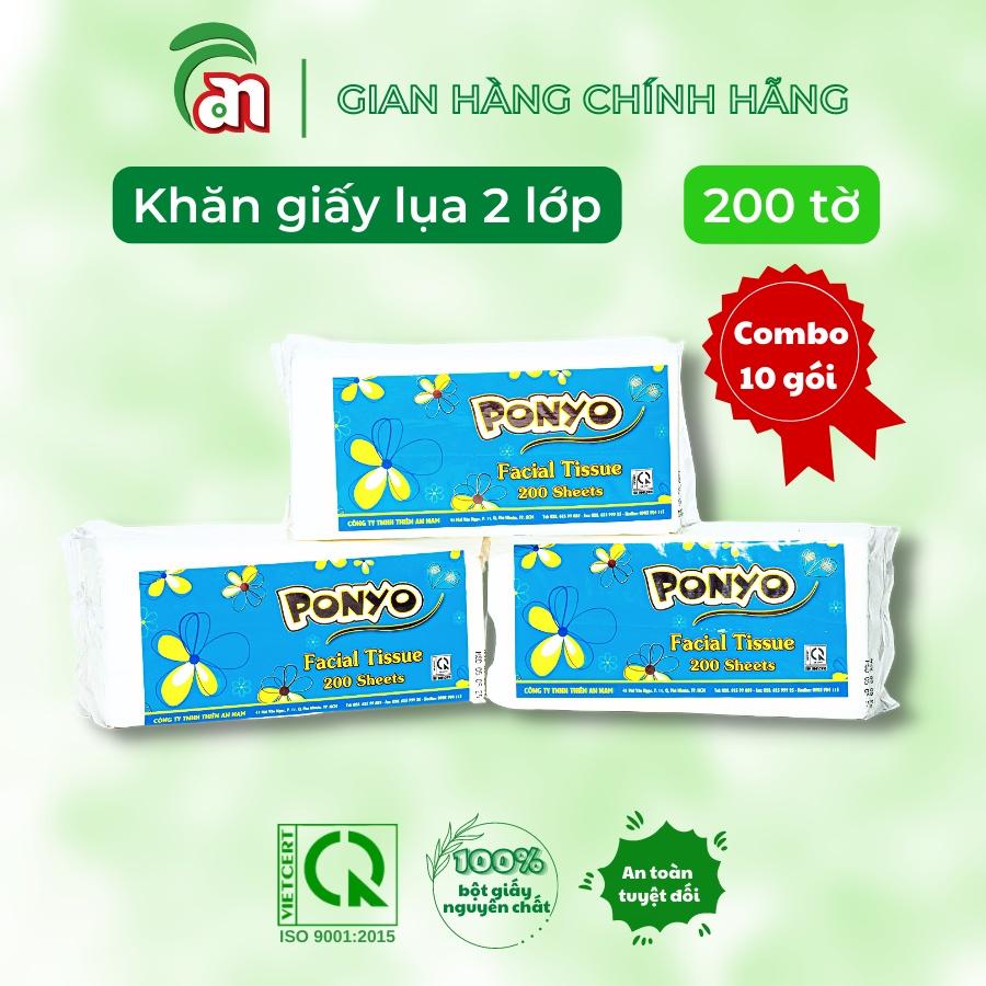 Combo 10 gói Khăn giấy lau mặt - khăn giấy khô siêu mịn, dai, không bụi PONYO 2 lớp gói 250 tờ - Thiên An Nam paper