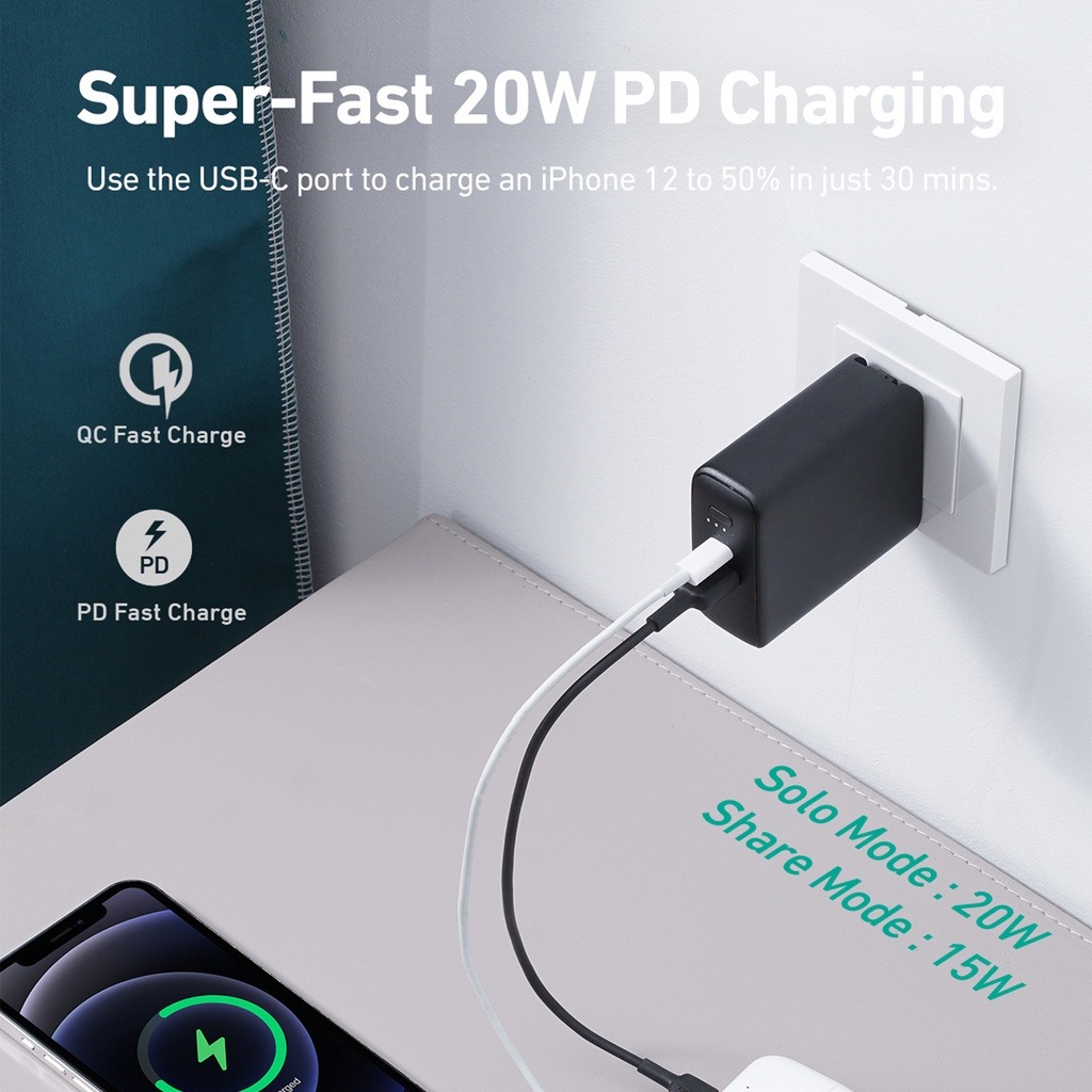 Củ Sạc Kiêm Sạc dự phòng AUKEY PA-PD20 dung lượng 5000mAh, Sạc nhanh 20W tích hợp - Hàng Chính Hãng