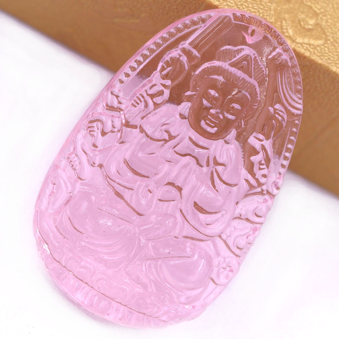 Mặt Phật Thiên thủ thiên nhãn pha lê hồng 3.6 cm kèm móc và vòng cổ dây cao su đen, Mặt Phật bản mệnh, Quan âm nghìn tay nghìn mắt