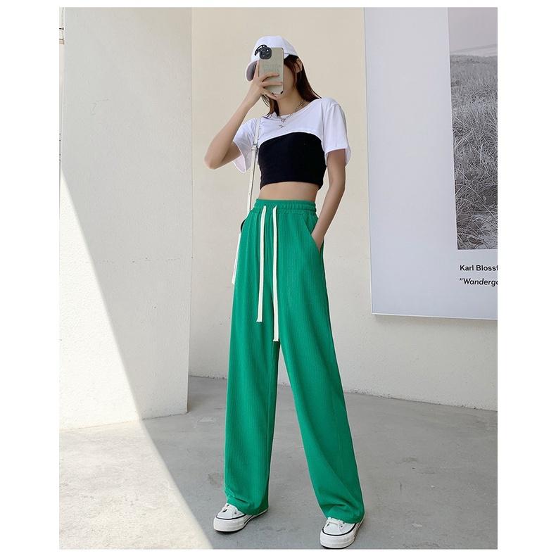 Quần ống rộng thun tăm xuất hàn lưng cao cạp chun dây rút dáng xuông dài Quần culottes ống suông co dãn vải mềm mát lạnh