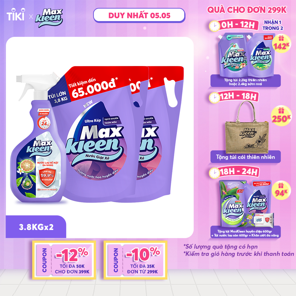 Combo 2 Túi Nước Giặt Xả MaxKleen hương Huyền Diệu (3.8kg/túi) + Lau Bề Mặt Đa Năng