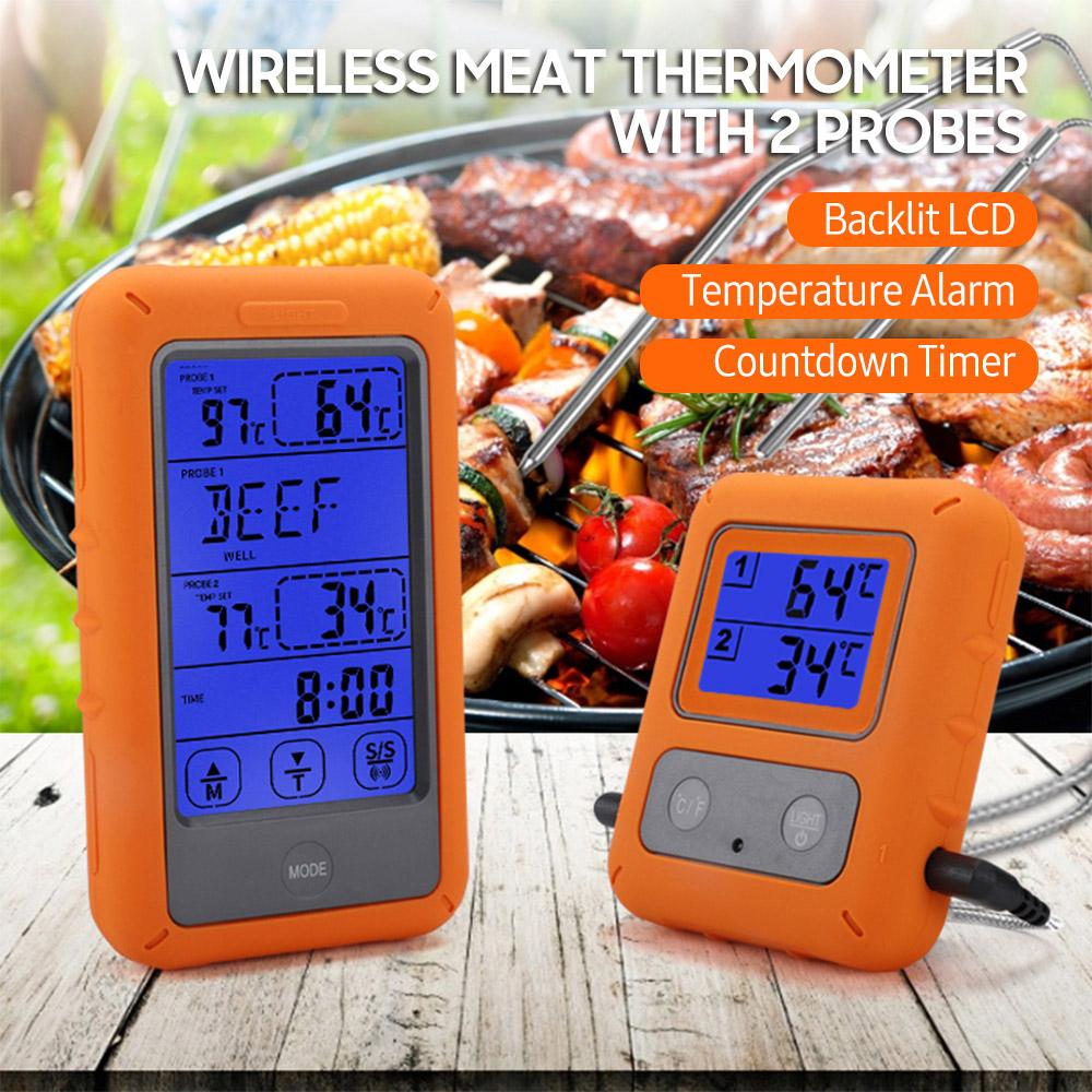Wireless Meat Thermometer with 2 Probes 328Ft Long Range LCD Backlight Display Countdown Timer Temperature Alarm Digital Remote BBQ Thermometers for Barbeque Grill Oven Kitchen