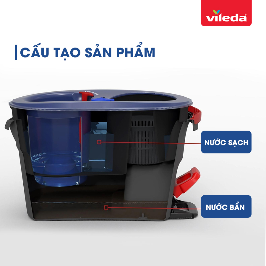 Cây lau nhà Vileda Easywring Rinse Clean, đầu lau tam giác, hệ thống xô hai thùng, bàn đạp bằng chân – TSU168467