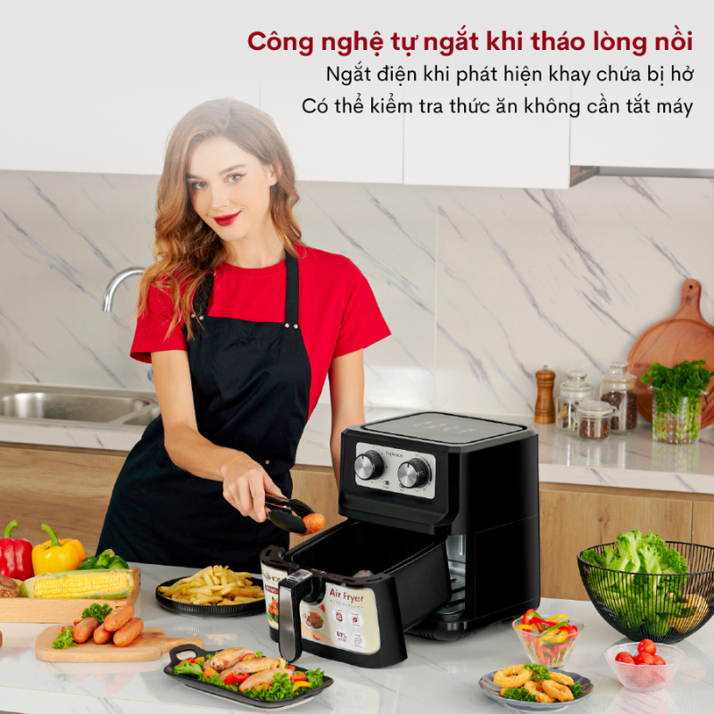 Nồi chiên không dầu FUJIHOME A5 dung tích 5 lít, Công suất 1600W, Đa dạng chức năng nướng, Điều khiển cơ dễ dàng sử dụng bền đẹp, Hàng chính hãng BH 24 tháng