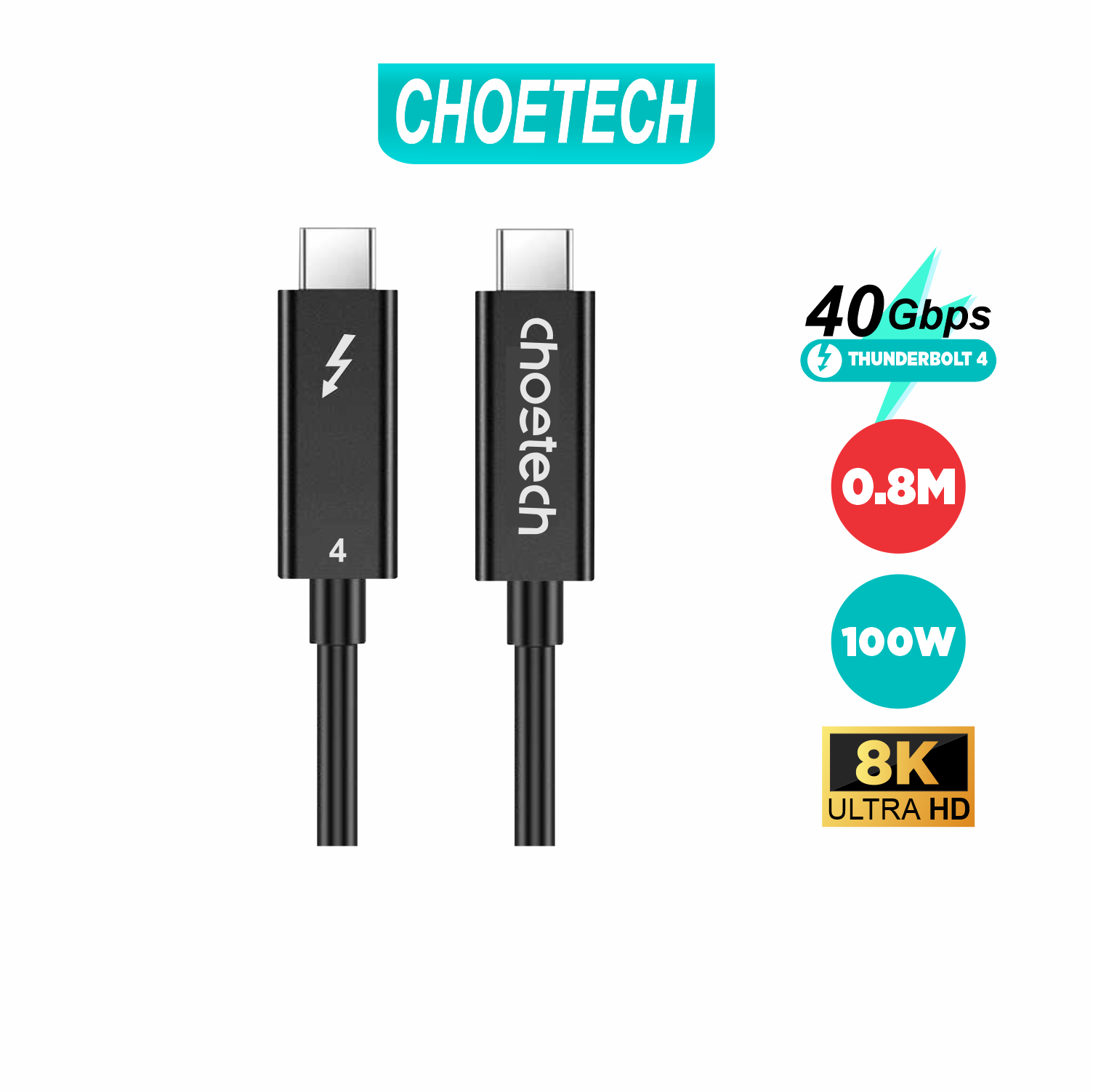 Dây Cáp Thunderbolt 4 Chuẩn Intel CHOETECH A3010-BK Dài 0.8M, 40Gbps, Sạc PD 100W, 8K 60Hz, 5K 60Hz, 4K 60Hz Kép - Hàng Chính Hãng