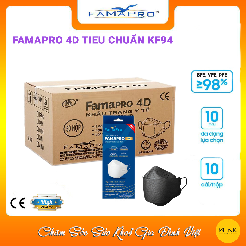 [THÙNG ĐEN - FAMAPRO 4D] - Khẩu trang y tế kháng khuẩn cao cấp Famapro 4D tiêu chuẩn KF94 (500 cái/thùng)