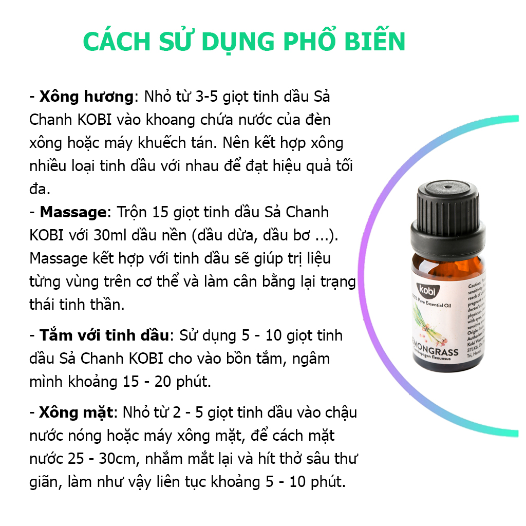 Tinh Dầu Sả Chanh Đuổi Muỗi Kobi, Dùng Lau Sàn Nhà, Giúp Khử Mùi, Thơm Phòng (30ml)