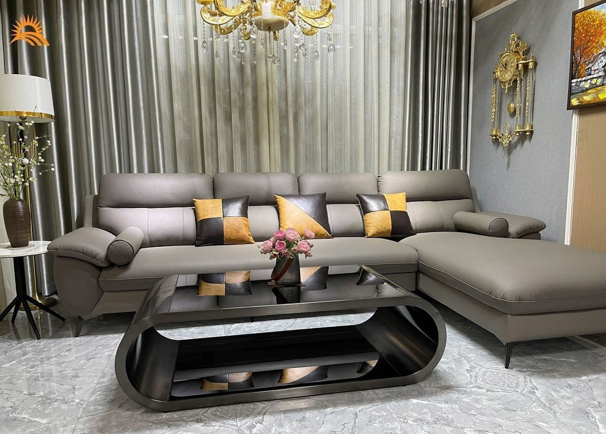 Sofa góc L da bò Italy Juno sofa màu xám – SFLCT01 3m3 x 1m9 hàng cao cấp chuẩn da bò nhập khẩu Ý