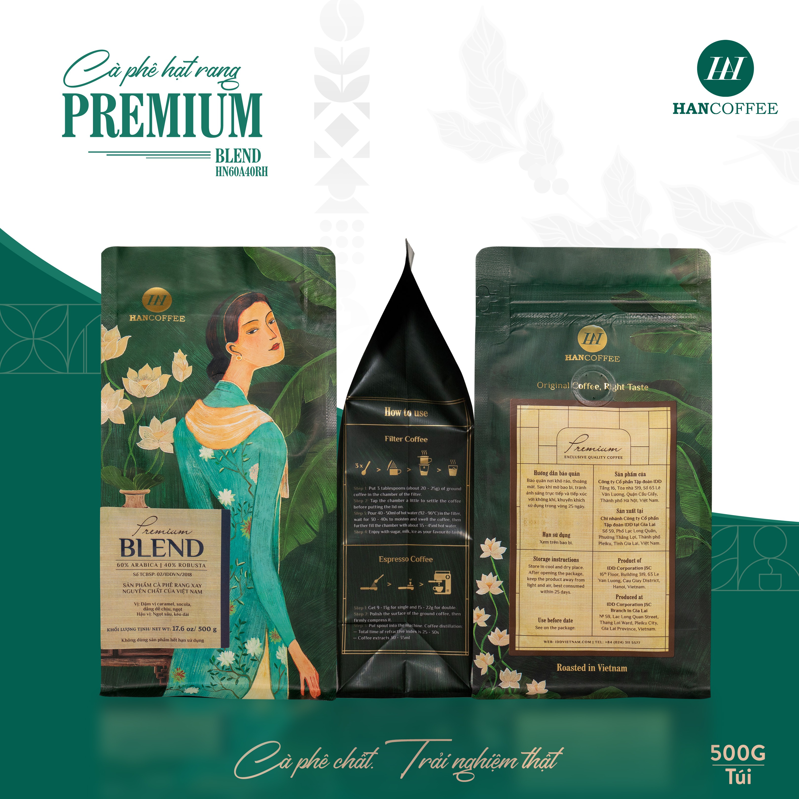 Cà Phê Pha Máy HANCOFFEE Espresso Hạt Rang Nguyên Chất Premium Blend Đậm, Đắng Dễ Chịu Túi 500g - HN60A40RH