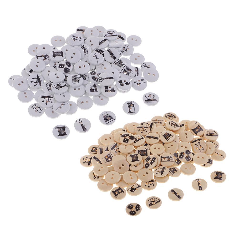 DIY 100Pcs 15mm Round Wood Button 2 Holes Mixed Pattern Sewing Accessories Craft Decoration
