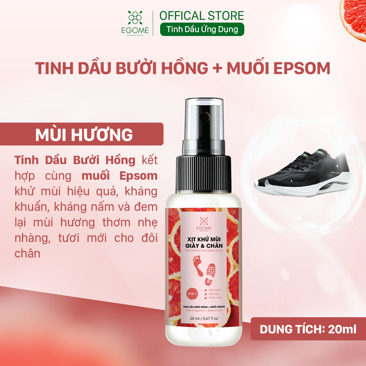 Xịt Khử Mùi Giày Và Chân Egome Tinh Dầu Bưởi Hồng làm sạch và thơm mát 20ml