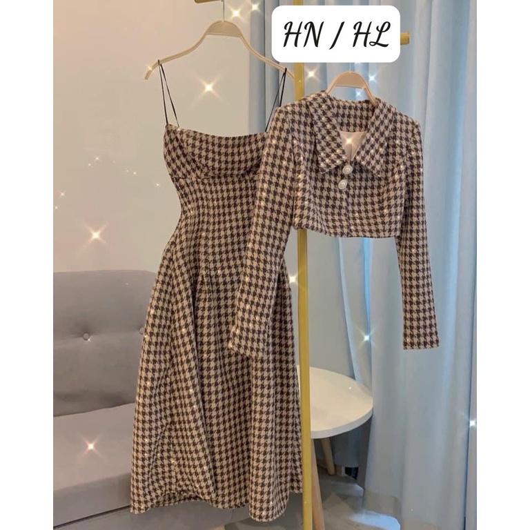 Bộ Váy Dạ Kèm Áo Khoác Croptop Caro, Set Váy Dạ Kèm Khoác Blazer Họa Tiết Caro / Size S-M / Cáo Hồng Shop