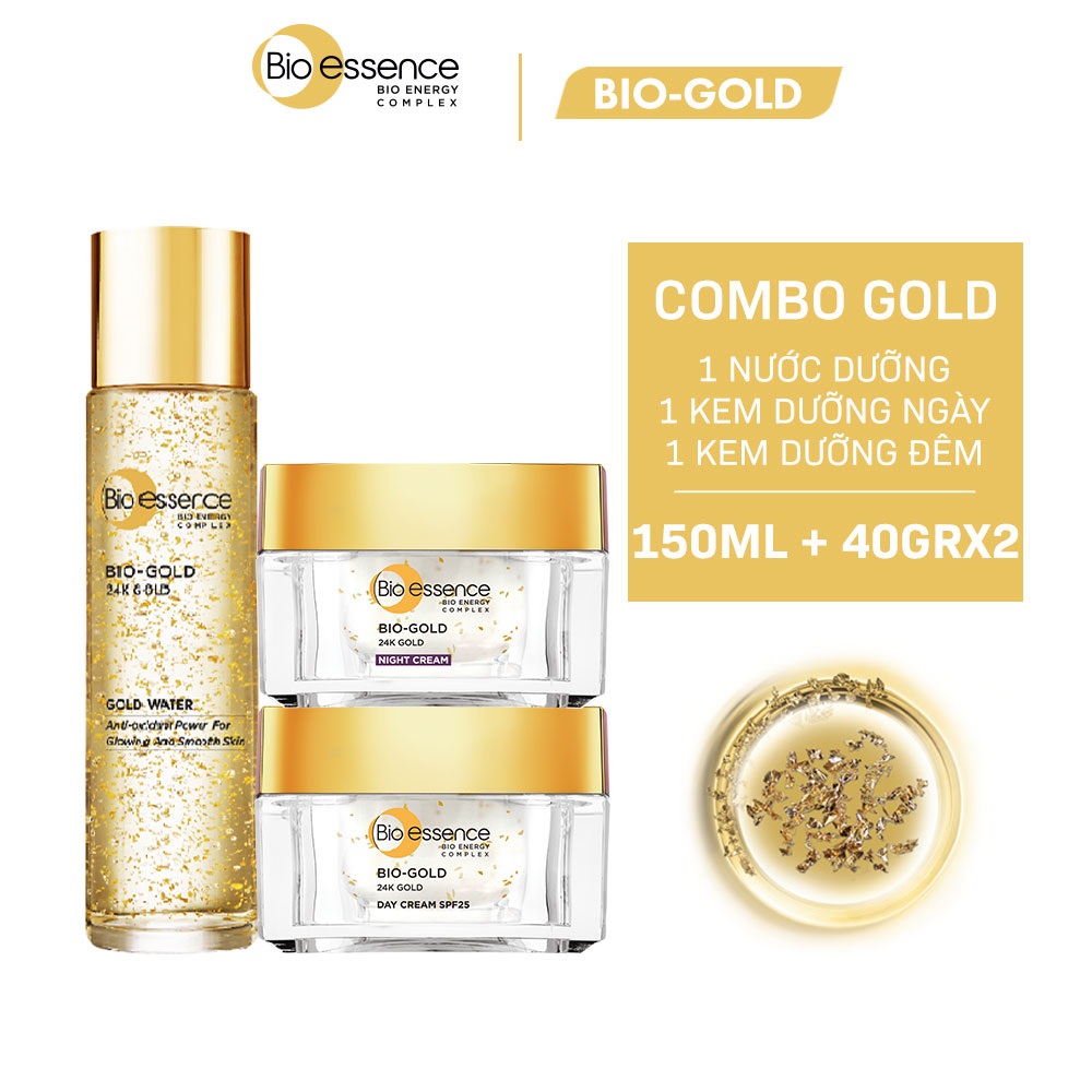 Combo ngăn ngừa lão hóa Bio-Gold chiết xuất vàng 24K (Nước dưỡng 150ml + Kem dưỡng ngày 40gr + Kem dưỡng đêm 40gr)