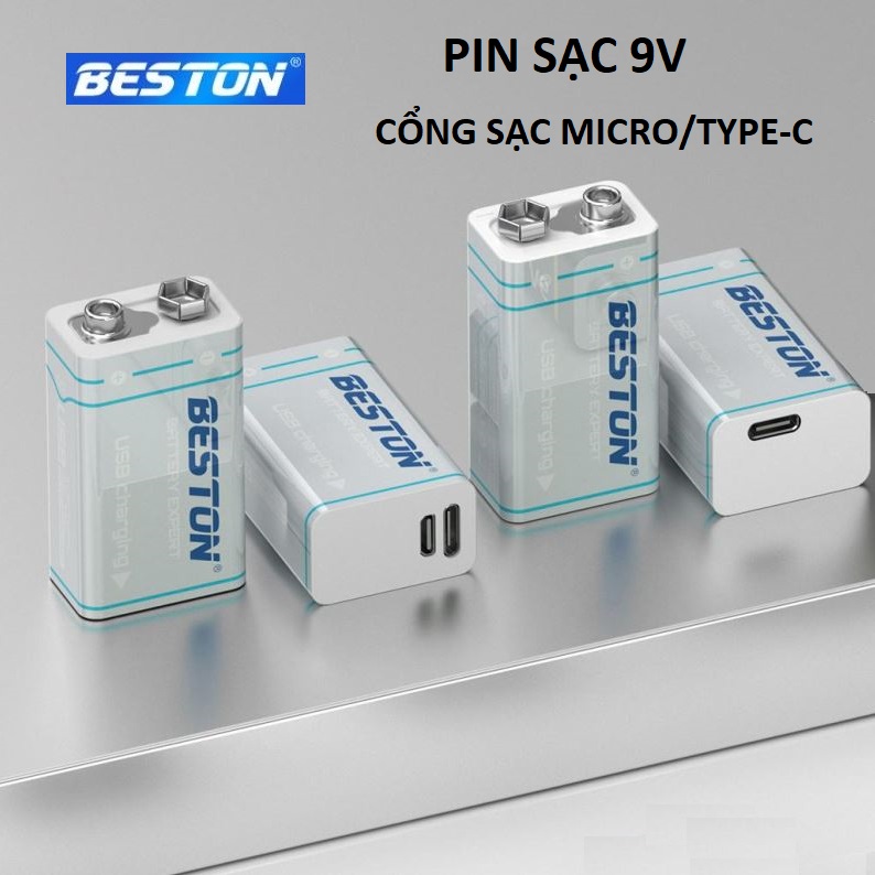 Pin sạc 9V BESTON Lithium sạc trực tiếp USB micro/Type-C dùng cho mic karaoke, đồng hồ đo điện, máy nghe nhạc, đèn pin - Hàng nhập khẩu