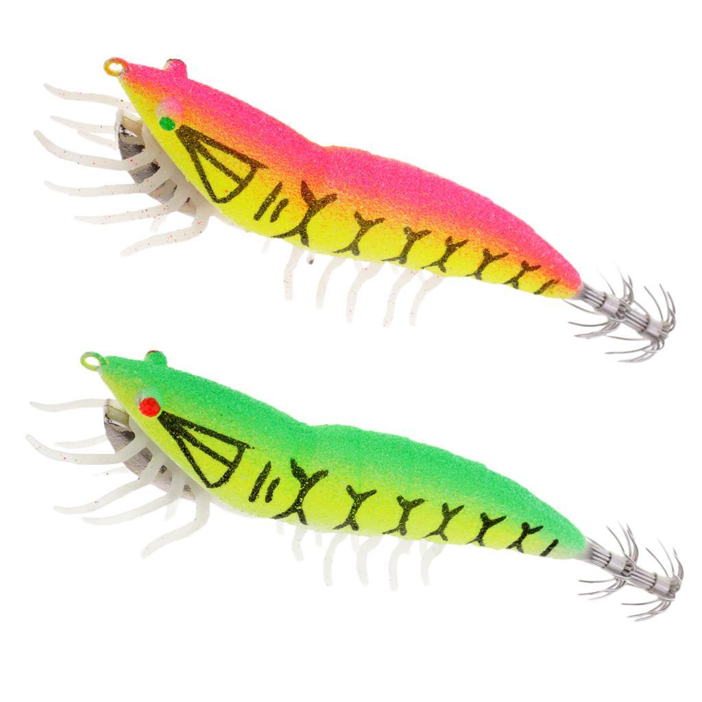 2pcs Glow In Dark Squid Lure Hooks Shrimp Fishing Lures W/ Luminous Soft Leg