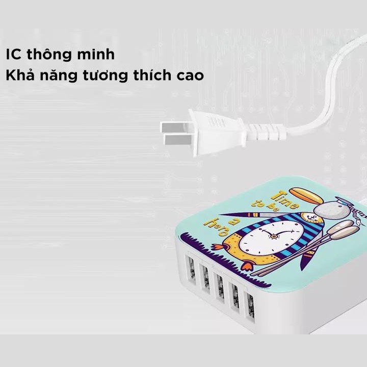 Củ Sạc 5 Cổng USB JC27 Sạc Cùng Lúc 5 Thiết Bị Sử dụng IC thông minh tự điều chỉnh dòng phù hợp với thiết bị sạc, an toàn và tiện lợi, người dùng yên tâm hoàn toàn khi sử dụng HN