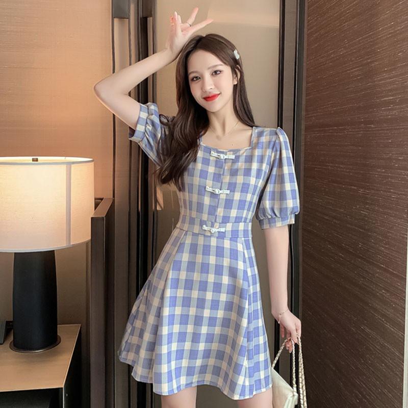 Đầm Cổ Vuông Tay Phồng Kẻ Sọc Caro Cổ Điển Thời Trang Cho Nữ