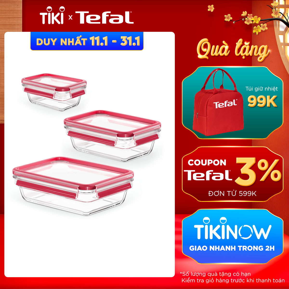 Bộ 3 hộp bảo quản thực phẩm thủy tinh Tefal Masterseal Glass (450ml, 700ml, 1100ml) - Hàng chính hãng