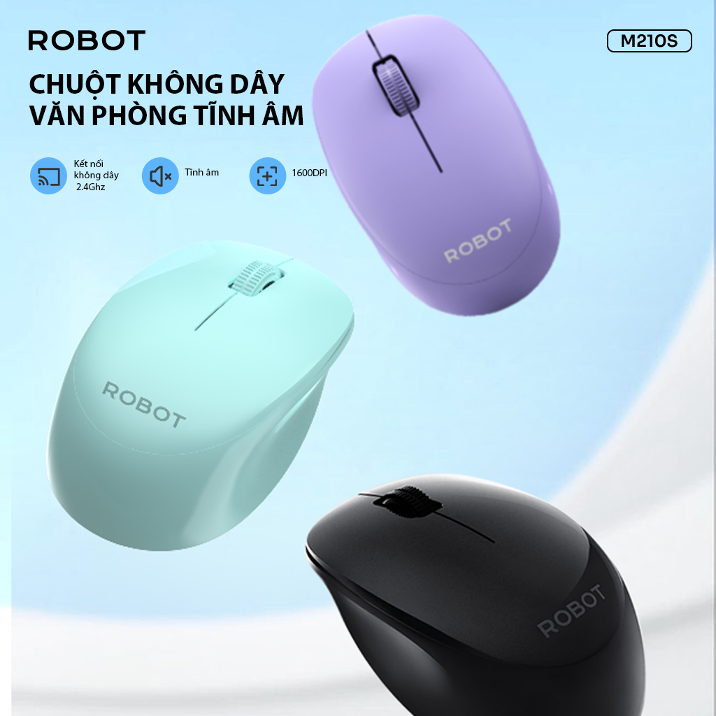 Chuột Không Dây Tĩnh Âm ROBOT M210S Kết Nối USB 2.4Ghz Độ Phân Giải 1600 DPI HÀNG CHÍNH HÃNG