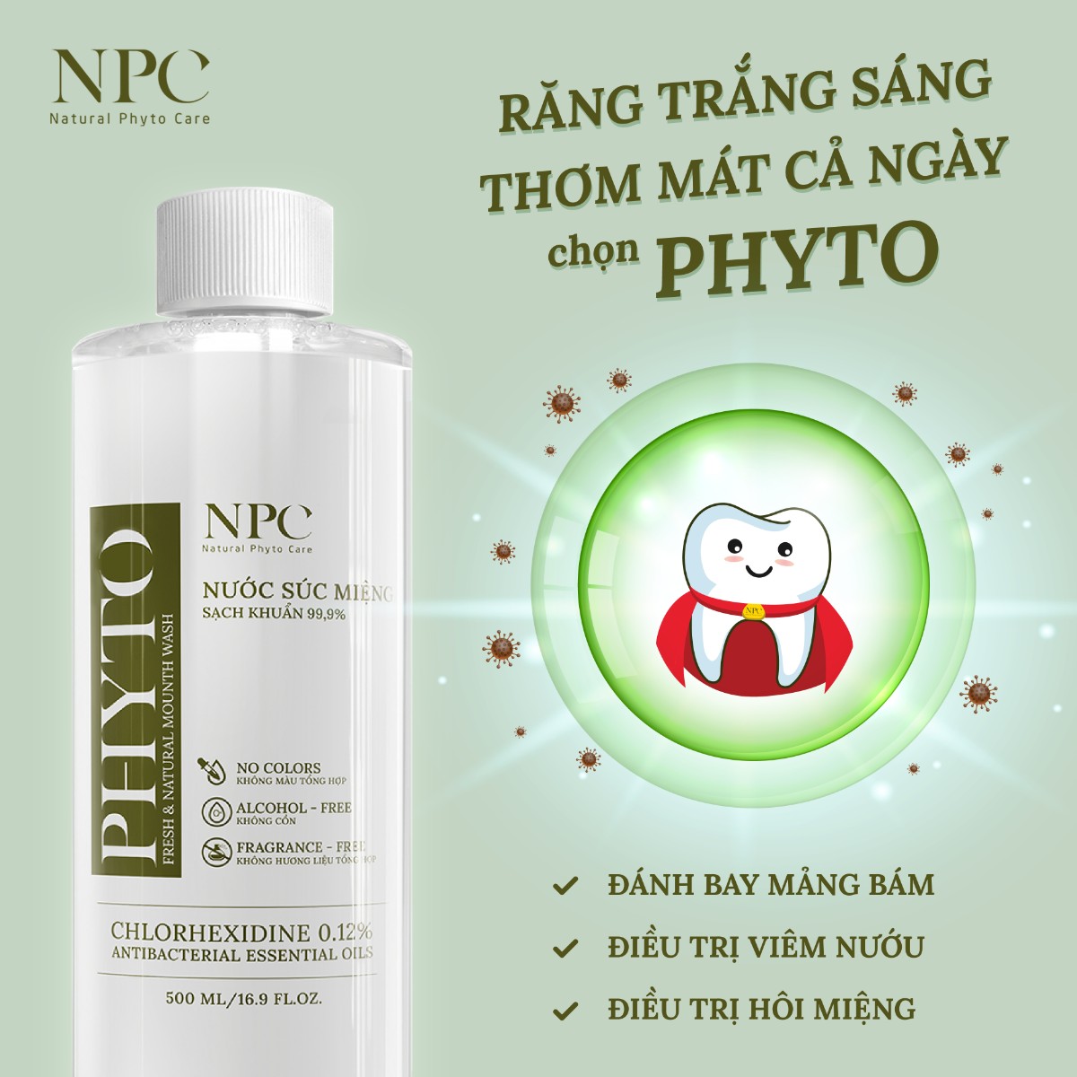 Nước súc miệng Phyto làm sạch khoang miệng 99.9%, tinh dầu thiên nhiên chai 250ml