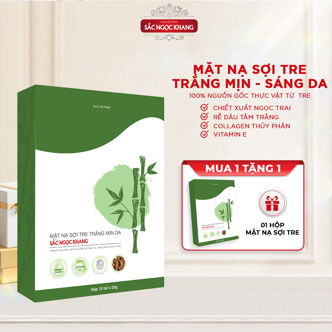 Hộp mặt nạ sợi tre trắng mịn da Sắc Ngọc Khang hộp 12 miếng