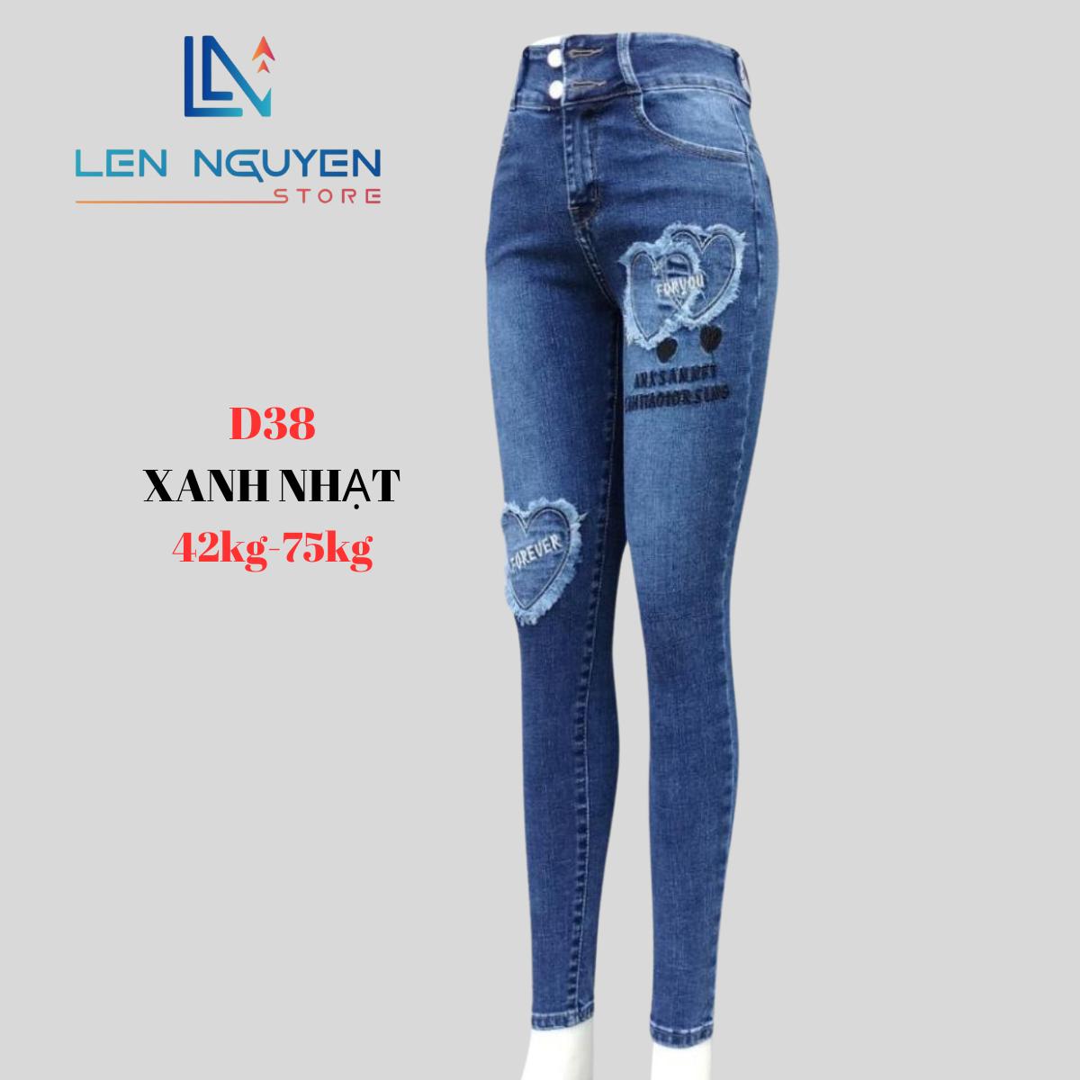 D38_ Quần Jean Nữ Dài 3 Nút Thiết Kế Thiết Kế Thiêu Đắp Dễ Thương,Lưng Cao,Thiết Kế Thêu Tim Quần Jean Nữ Dài Có Bigsize Từ 42kg đến 80kg Pants Xám Women Trắng