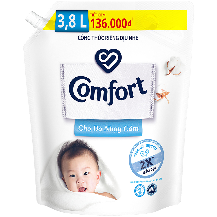 Combo 2 túi nước xả vải em bé Comfort cho da nhạy cảm với công thức riêng dịu nhẹ 100% nguồn gốc thực vật, Túi 3.8L