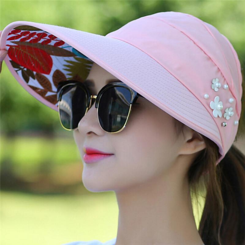 Phụ nữ hoa UV bảo vệ chiếc mũ mặt trời có thể gập lại nắp tấm che phủ mặt trời trang phục mặt trời ngoài trời thời trang Color: beige