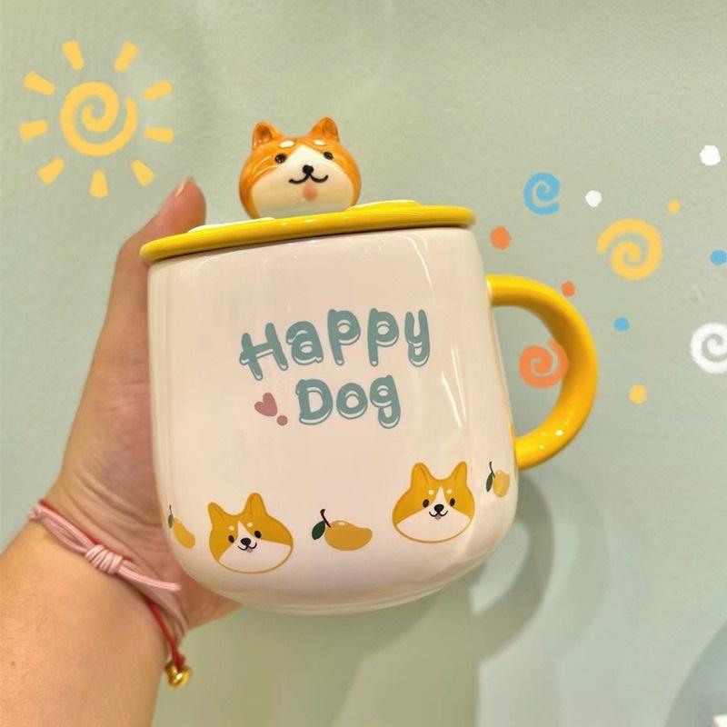 Cốc Gốm Sứ Vẽ Tay Chú Chó Corgi, Shiba Inu Cute Dễ Thương 400ml Có Nắp Và Thìa