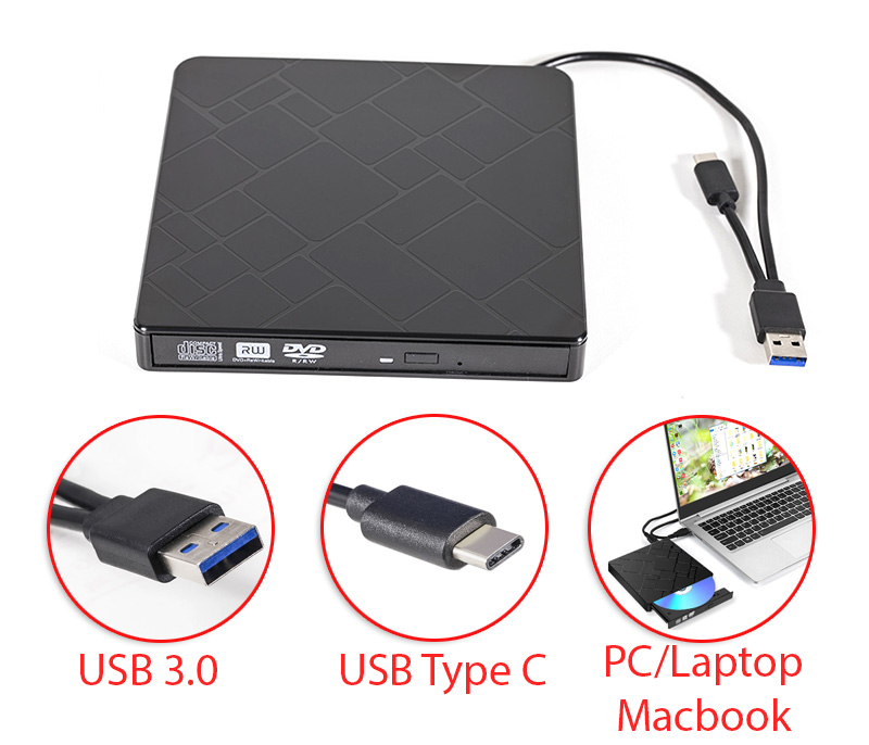 Ổ ĐĨA DVD RW CẮM NGOÀI CHO LATOP DESTOP OS ĐỜI MỚI  usb 3.0 và cổng Type C -Hàng Chính Hãng