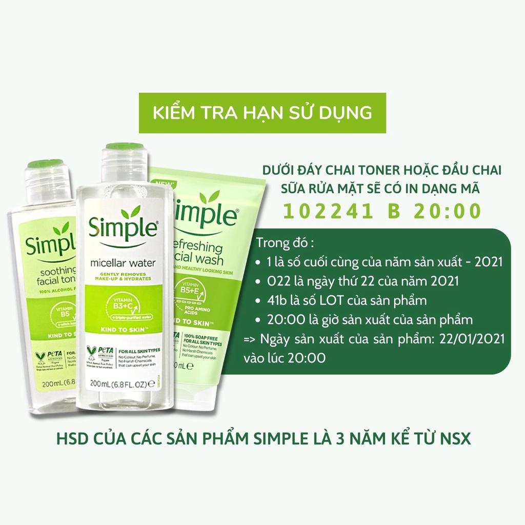 Combo 2 Simple Làm Sạch &amp; Cân Bằng Ph Da ( Sữa Rửa Mặt + Toner Nước Hoa Hồng ) 150ml &amp; 200ml/Chai