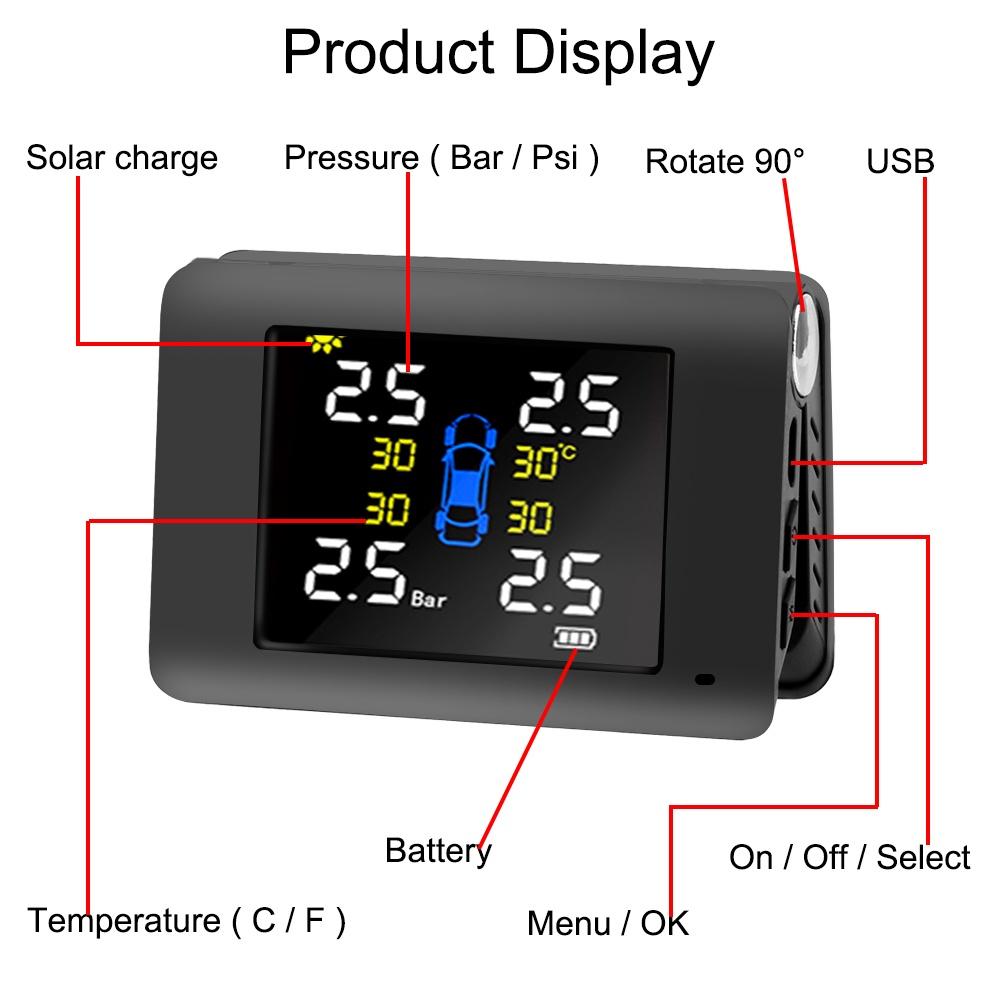 Hệ thống giám sát áp suất lốp xe hơi TPMS có màn hình led hiển thị nhiệt độ và 4 cảm biến ngoài / tích hợp