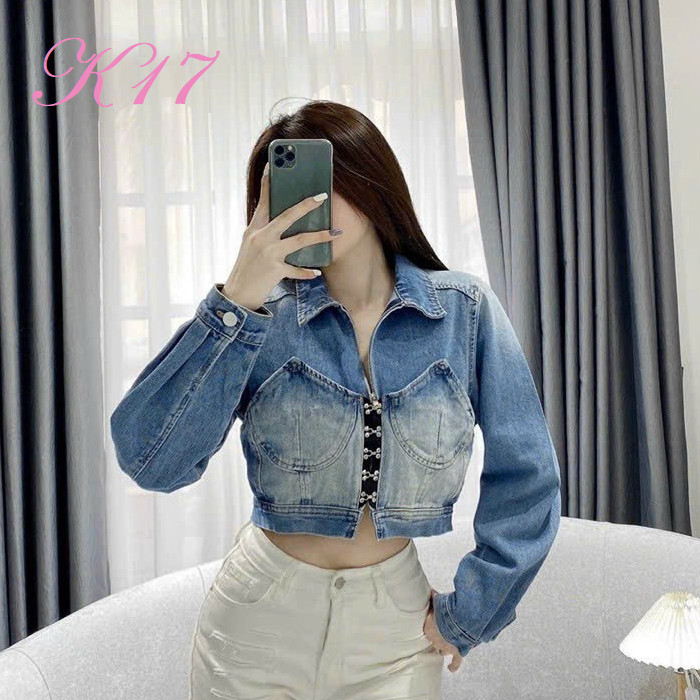 Áo khoác jeans nữ hàng hiệu rosata cao cấp màu xanh thời trang k17