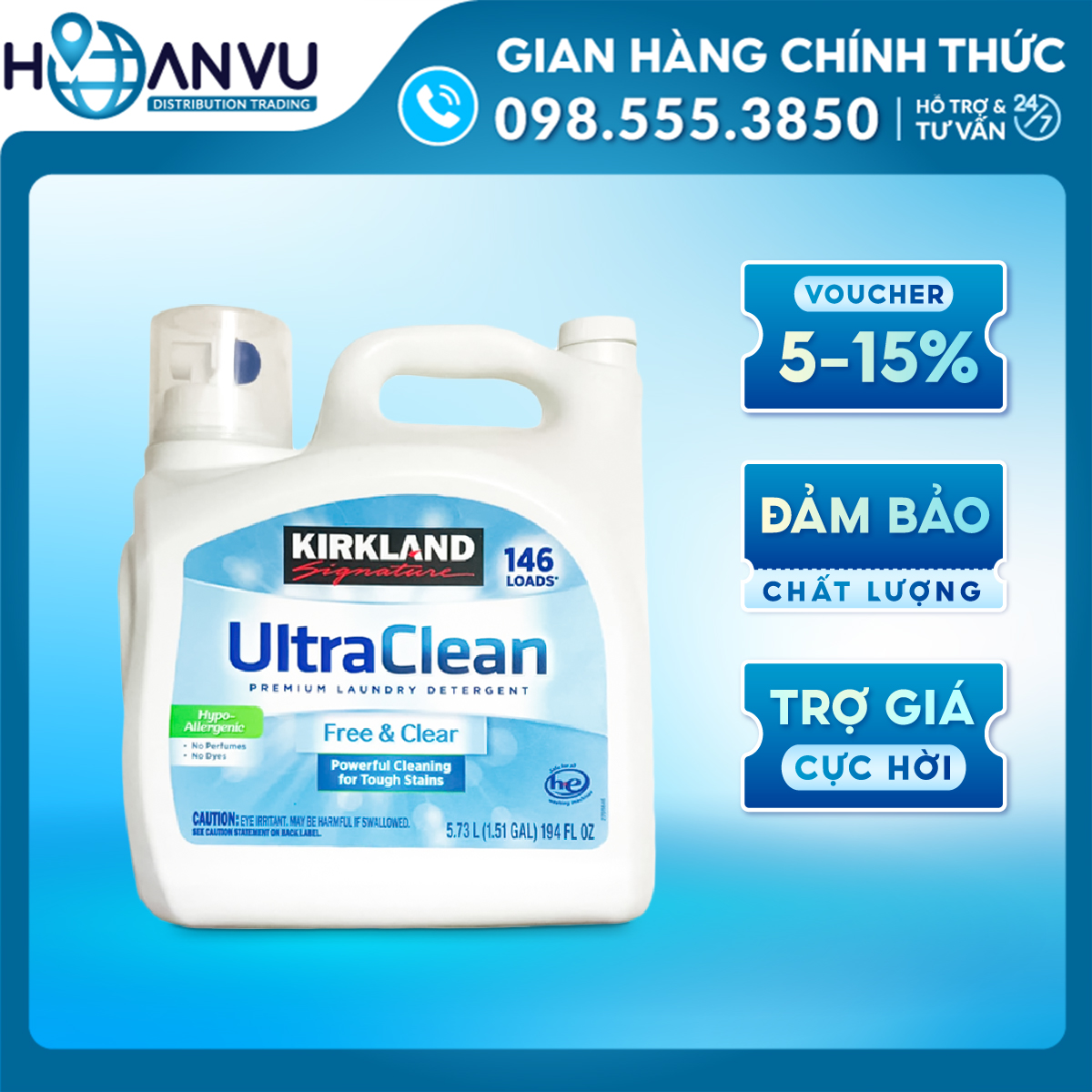 Nước Giặt Kirkland Signature Ultra Clean Free &amp; Clear HE Liquid Laundry Detergent (5.73L) - Mỹ