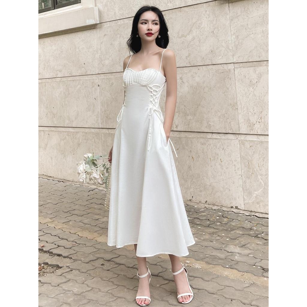 RECHIC Đầm dài Taylor chất linen kiểu hay dây có rút dây ở eo dịu dàng nữ tính phù hợp đi các buổi tiệc