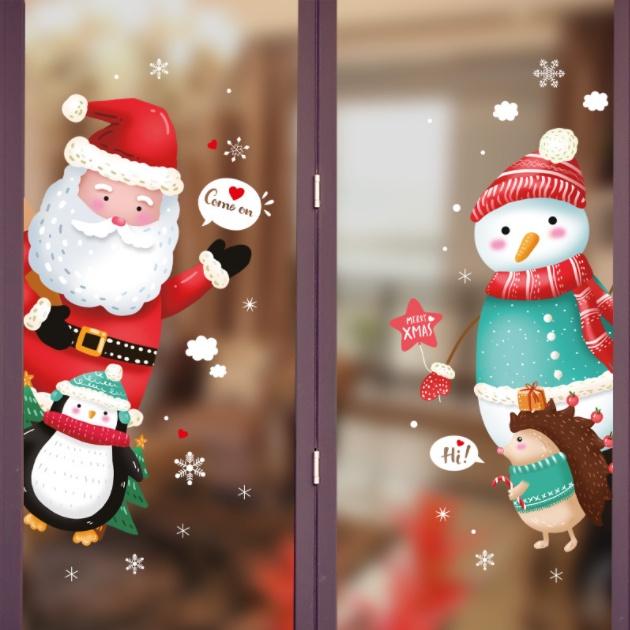 Decal trang trí Noel - Ông già noel , người tuyết , chim cánh cụt và chú nhím vui đùa