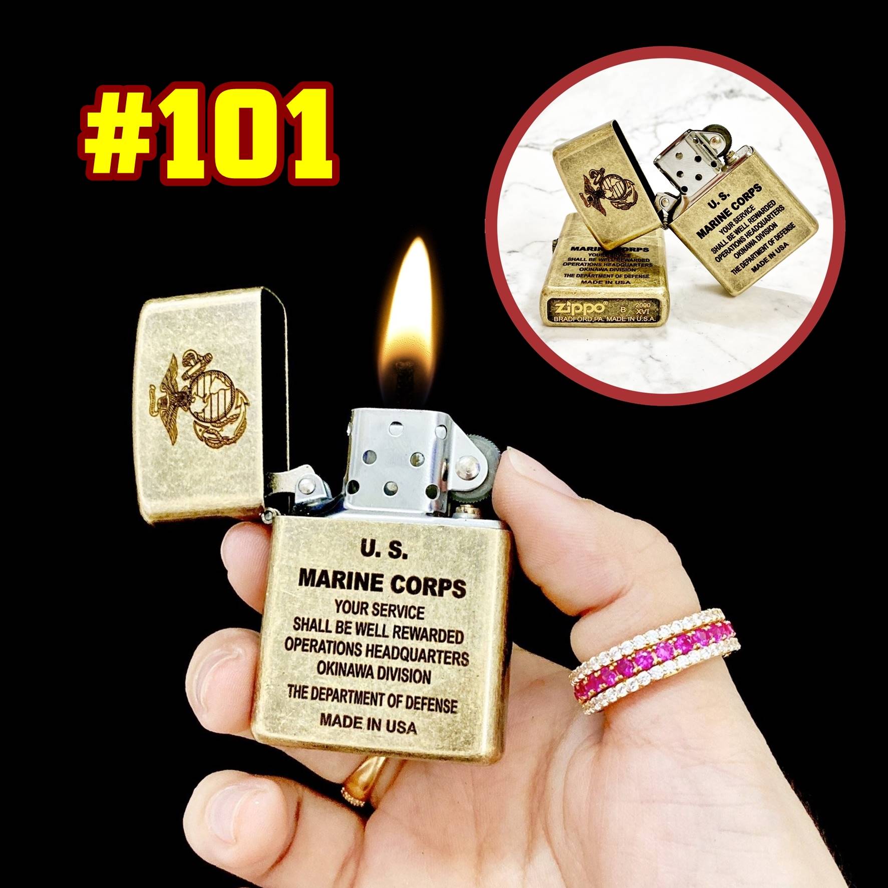 Hộp quẹt bật lửa Zipo vàng cổ U.S Marine Corps (Thủy quân lục chiến Hoa Kỳ) (có mộc đáy) - (hộp thiếc kèm xăng) H-101