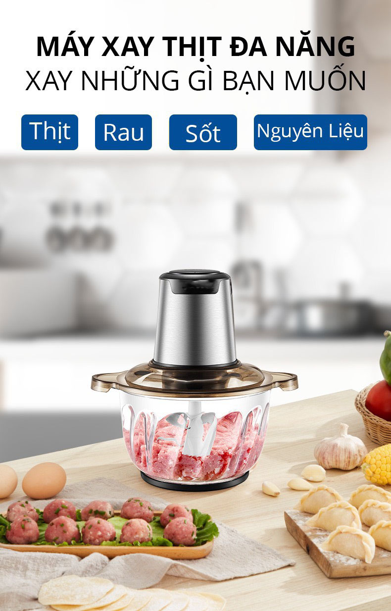 Máy xay  thịt cầm tay cối thủy tinh 2l- Nhấn nút xay- Động cơ xay nhanh, mạnh- Công suất 300W- Tặng kèm 1 dụng cụ bào sợi rau củ (giao màu ngẫu nhiên)