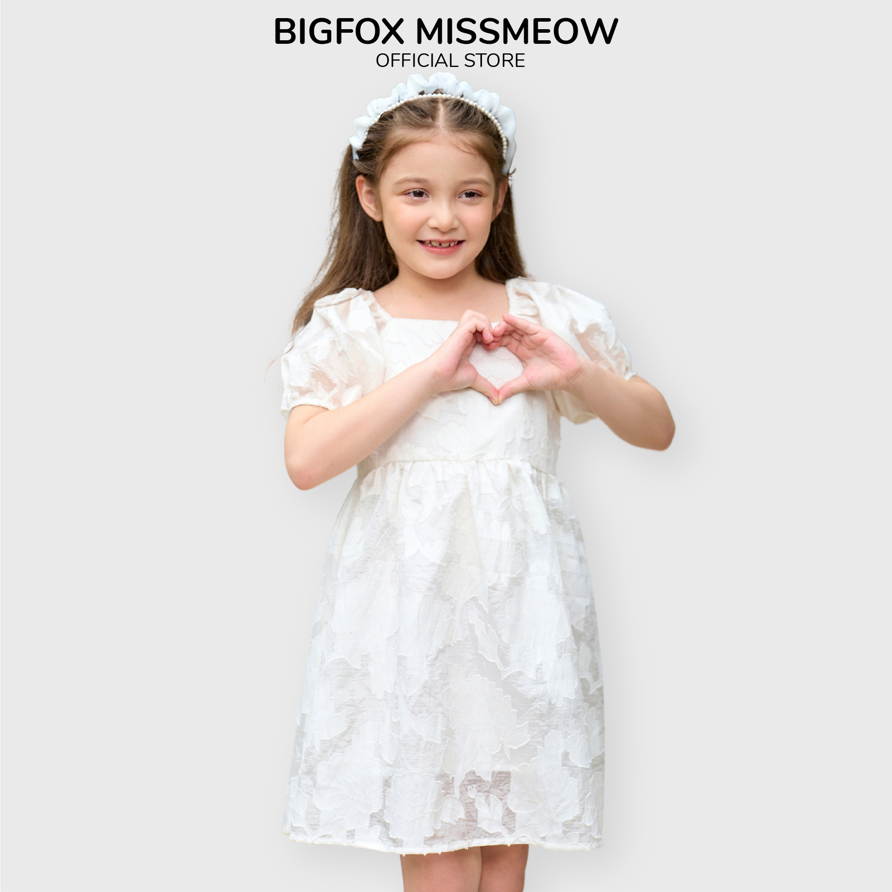 Đầm cho bé gái size đại Bigfox Miss Meow mùa hè cổ vuông tay phồng dáng babydoll công chúa cỡ trẻ em 3-11 tuổi 30kg 35kg