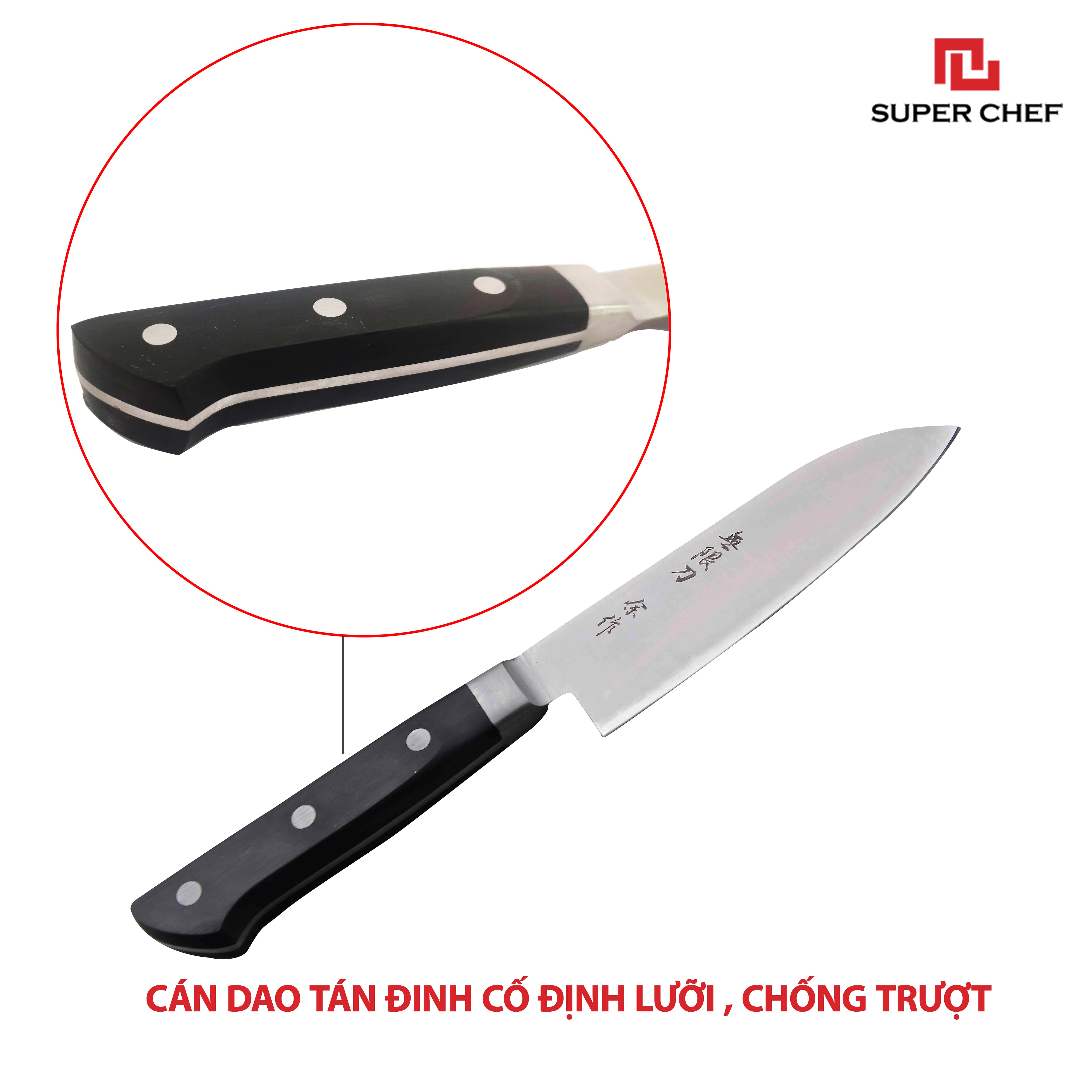 Dao Bếp Ngắn Santoku Chính Hãng Super Chef Công Nghệ Nhật Siêu Sắc Bén, Lâu Cùn, Lưỡi Thép Cao Cấp Không Gỉ Sét , An Toàn Sức Khỏe Siêu Tiện Lợi ( Lưỡi dài 13.5cm)