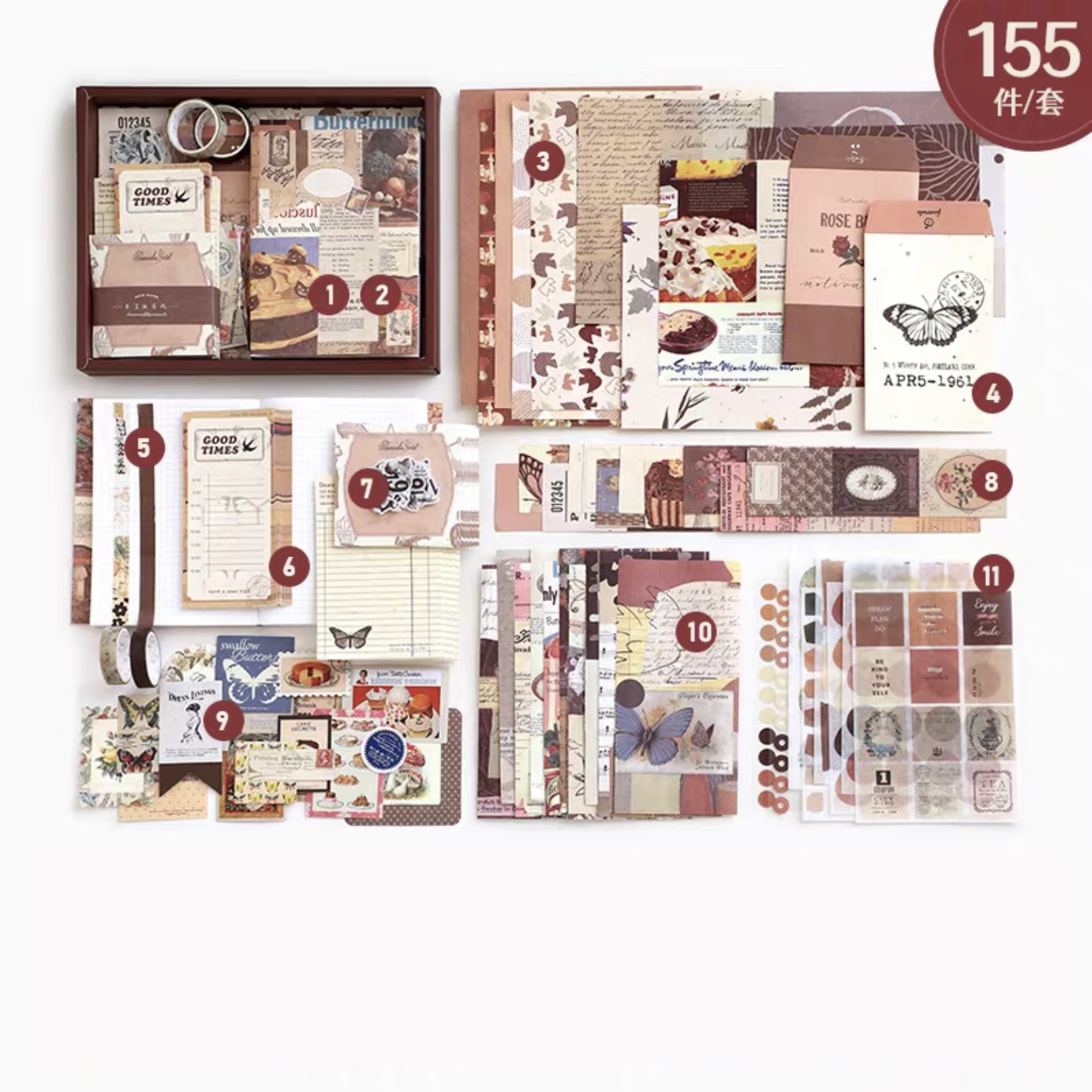 Hộp quà tặng 155 pcs bao gồm sổ tay a6 stickers giấy nền trang trí bì thư sang trọng hoặc dễ thương