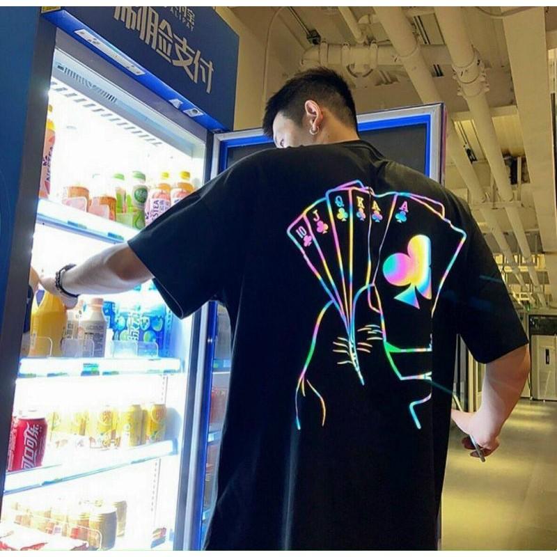 Áo thun nam phát sáng lá bài , áo thun cặp đôi , áo thun form rộng tay lỡ phản quang