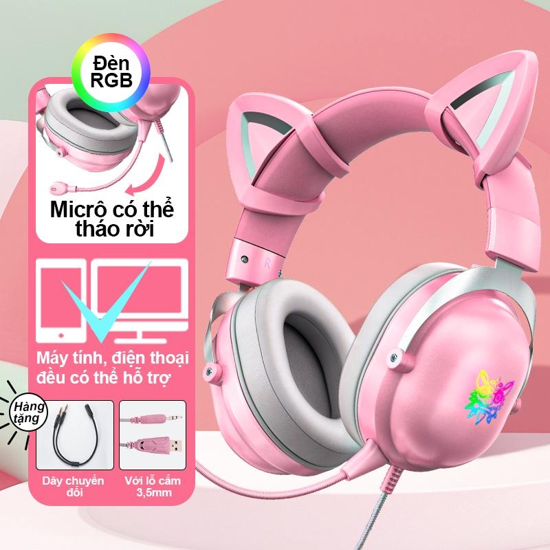 ONIKUMA X11 tai nghe chơi game chụp tai màu hồng với tai mèo có thể tháo rời dành cho PS5, PS4, Xbox