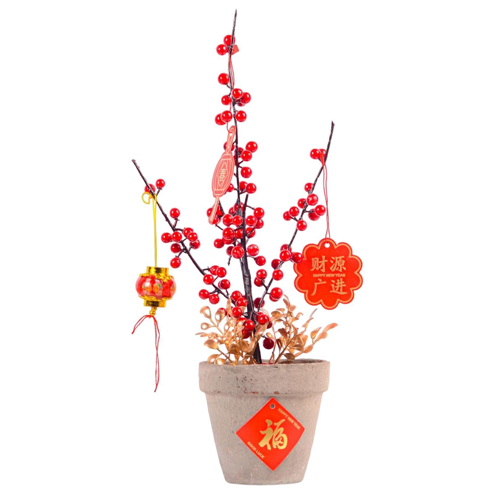 Chinese New Year Ornaments Holiday Desk Bonsai Spring Festival Table Centerpiece Red Lucky Character Pendants for Porch Desk Entryway Office
