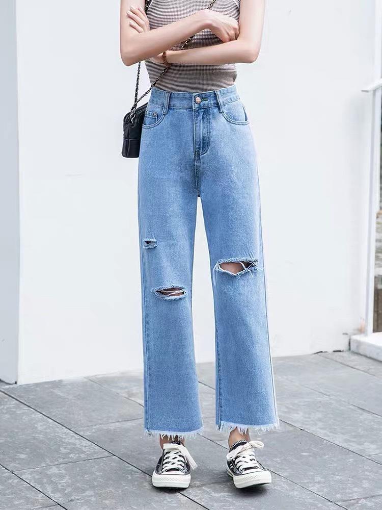 QUẦN BAGGY JEAN NỮ ỐNG LOE RÁCH 3, LƯNG CAO, VẢI MỀM KHÔNG CO DÃN, CÓ 2 MÀU XANH ĐẬM XANH NHẠT