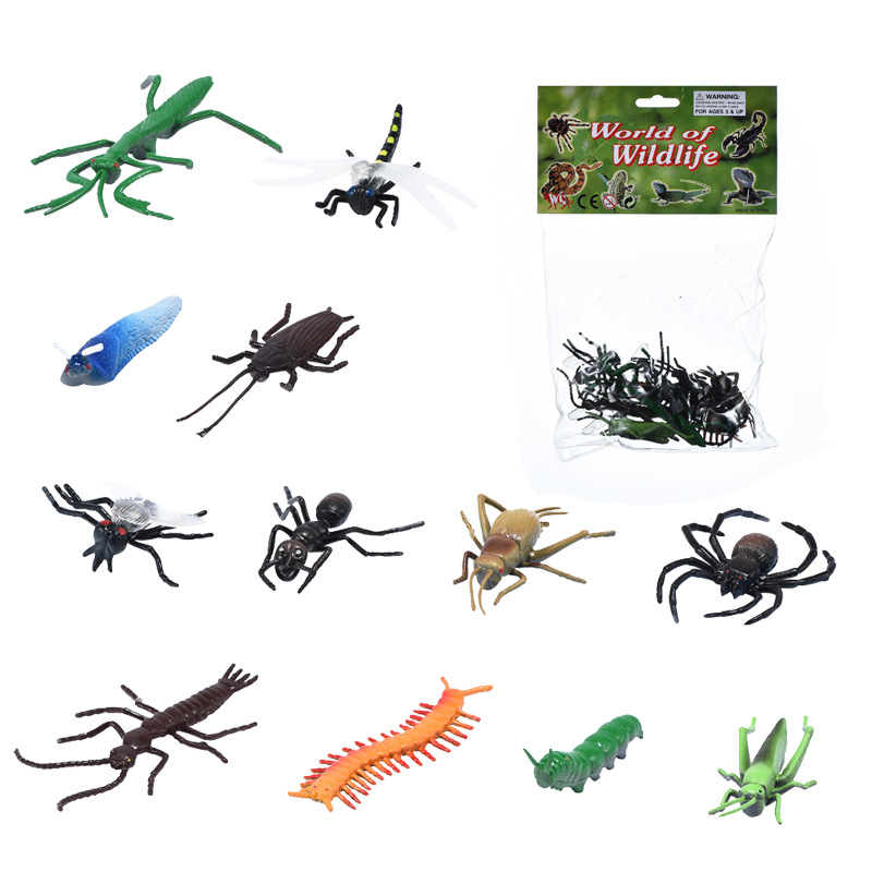 Bộ 12 mô hình Đồ Chơi Côn Trùng giả New4all cho bé bằng cao su mềm, Bọ ngựa Nhện Sâu Kiến Ruồi Rết Châu Chấu Ruồi Dế