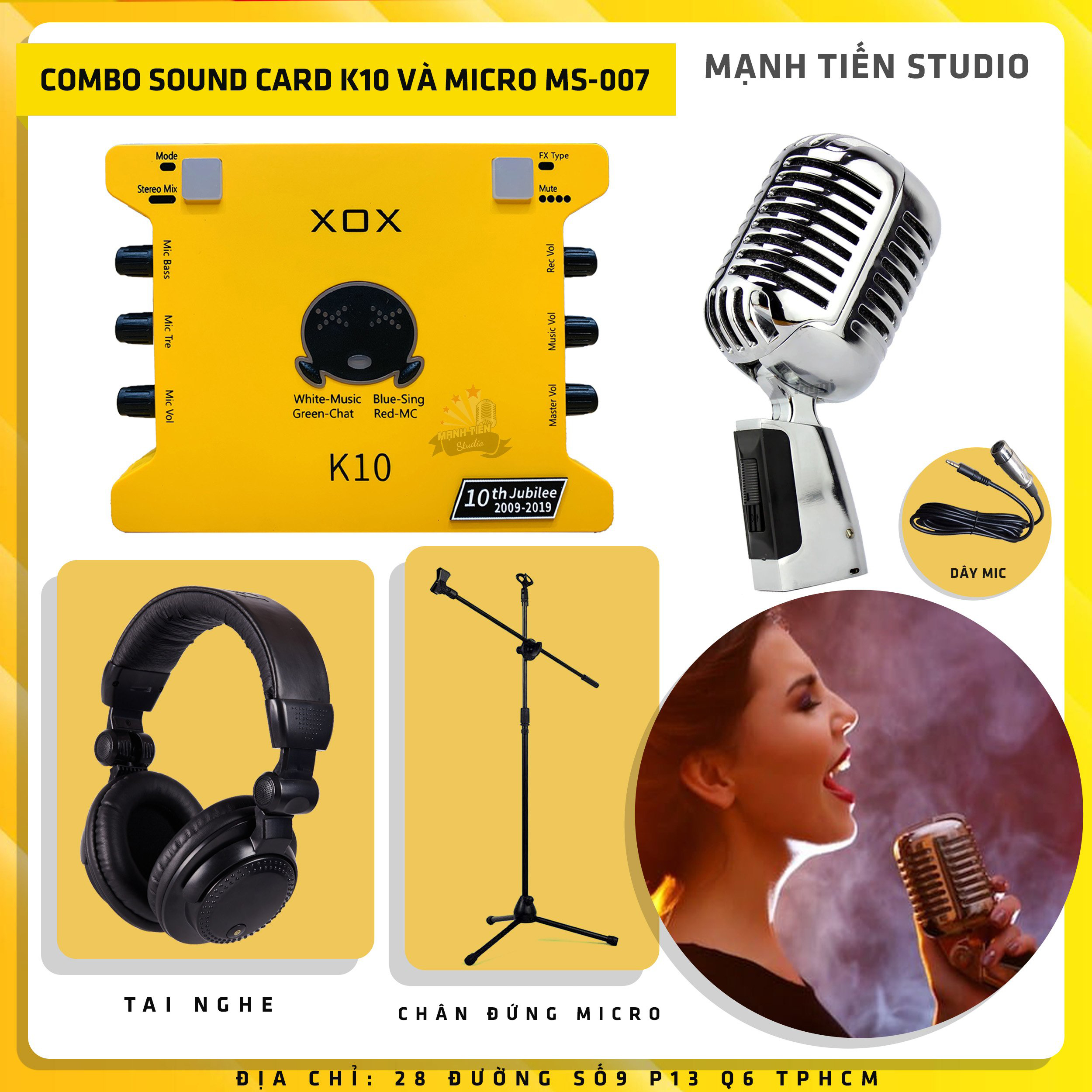 Combo thu âm, livestream Micro Ami MS-007, Sound card XOX K10 Jubilee - Kèm full phụ kiện chân đứng phòng thu, tai nghe, dây micro - Hỗ trợ thu âm, karaoke online chuyên nghiệp - Hàng nhập khẩu