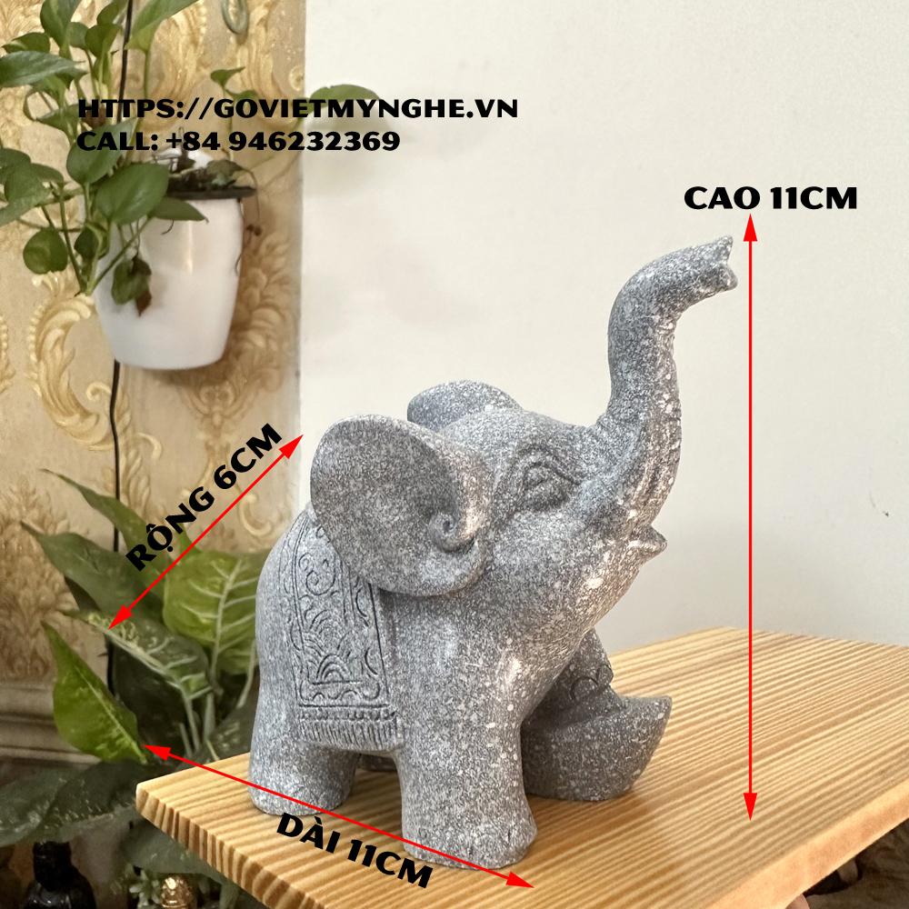 Tượng voi đá trang trí phong thủy dáng voi đạp thỏi vàng chiêu giữ tài lộc - Cao 11cm - Màu đá xám