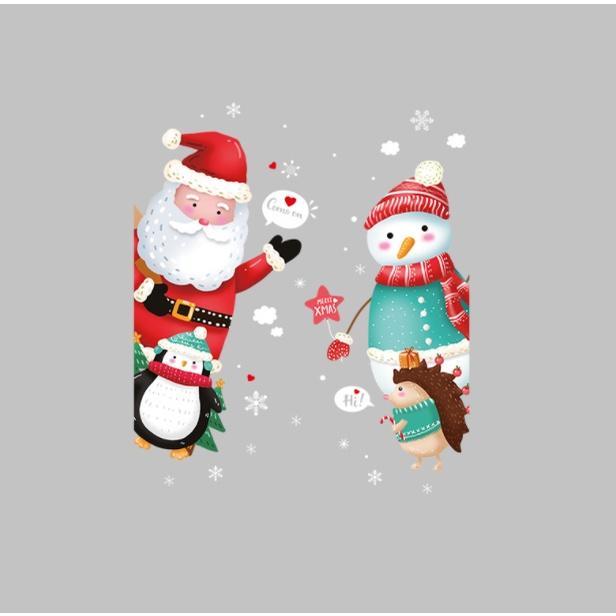 Decal trang trí Noel - Ông già noel , người tuyết , chim cánh cụt và chú nhím vui đùa